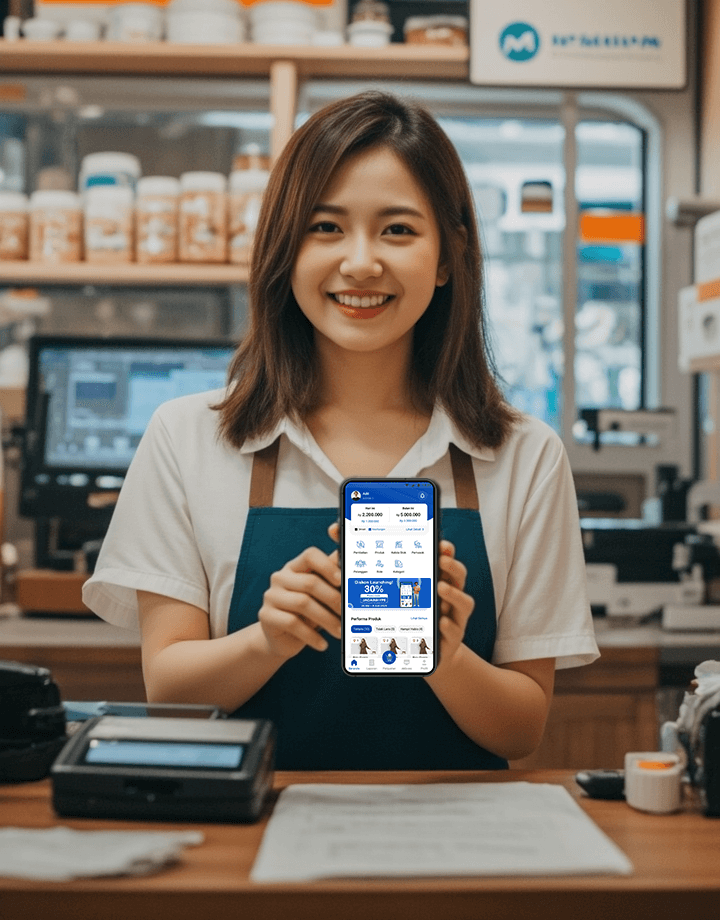 Kasir menggunakan aplikasi POS JagainStok di ponsel